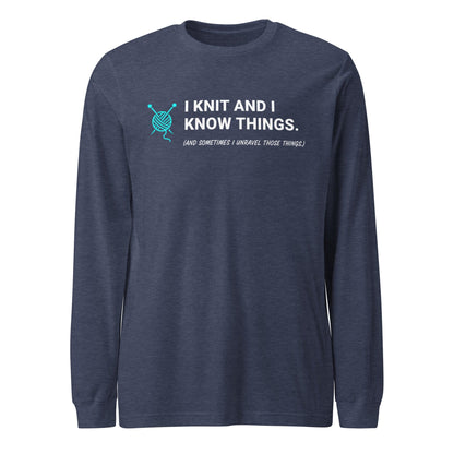 I Knit & Know Things Long Sleeve Tee Heather Navy / S