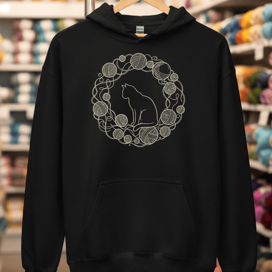Cat Yarn Wreath Hoodie Black / S