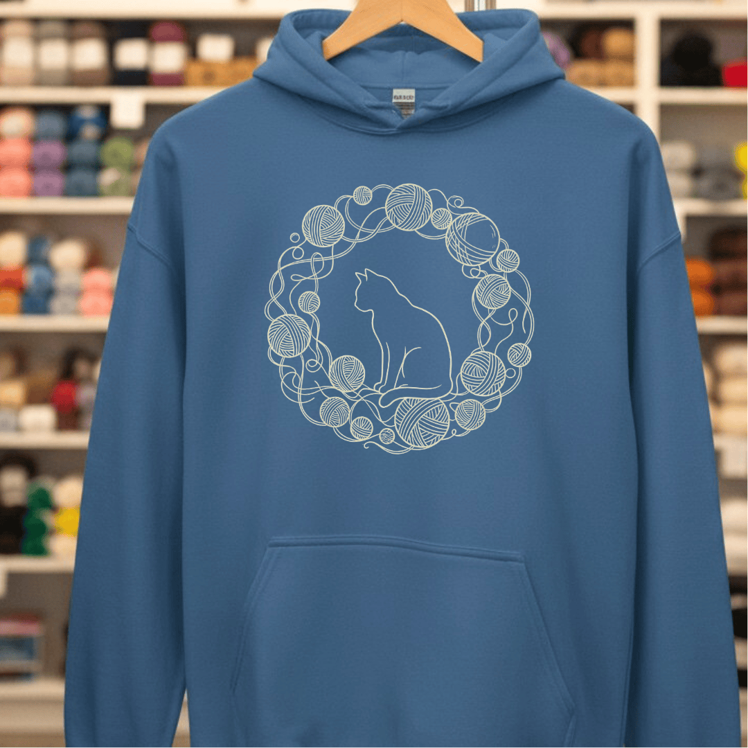 Cat Yarn Wreath Hoodie Indigo Blue / S