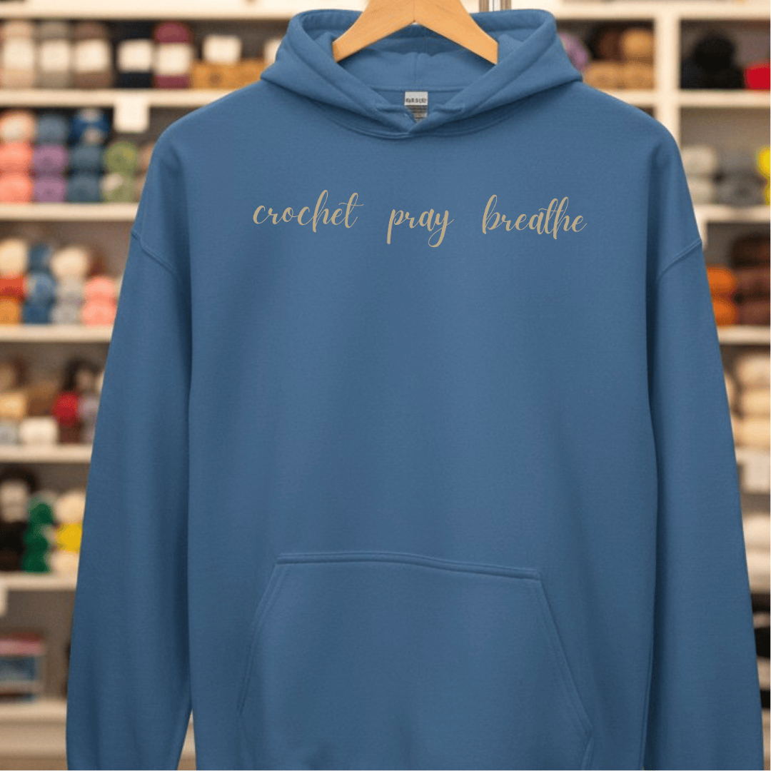 Crochet Breathe Pray Hoodie Indigo Blue / S
