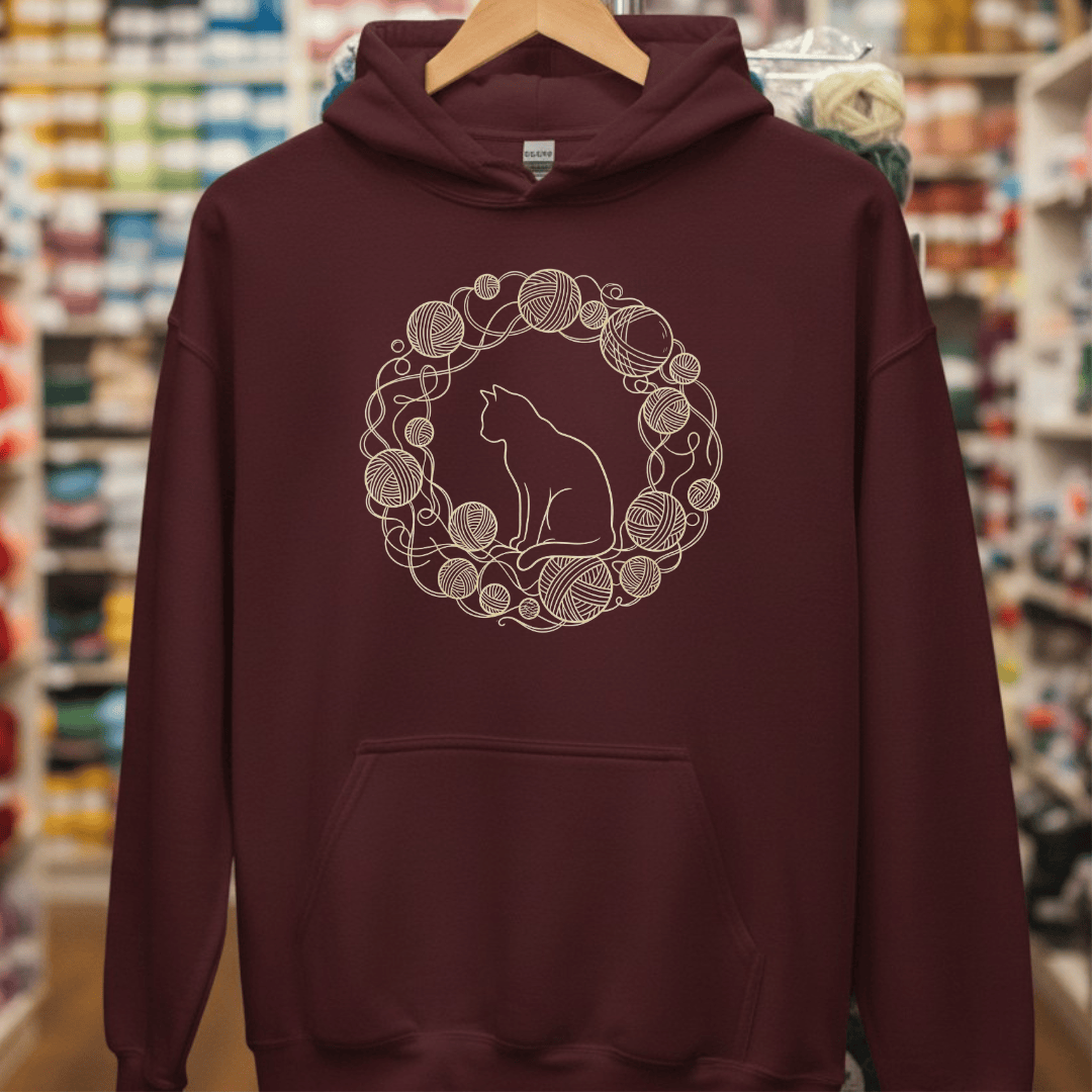 Cat Yarn Wreath Hoodie Maroon / S
