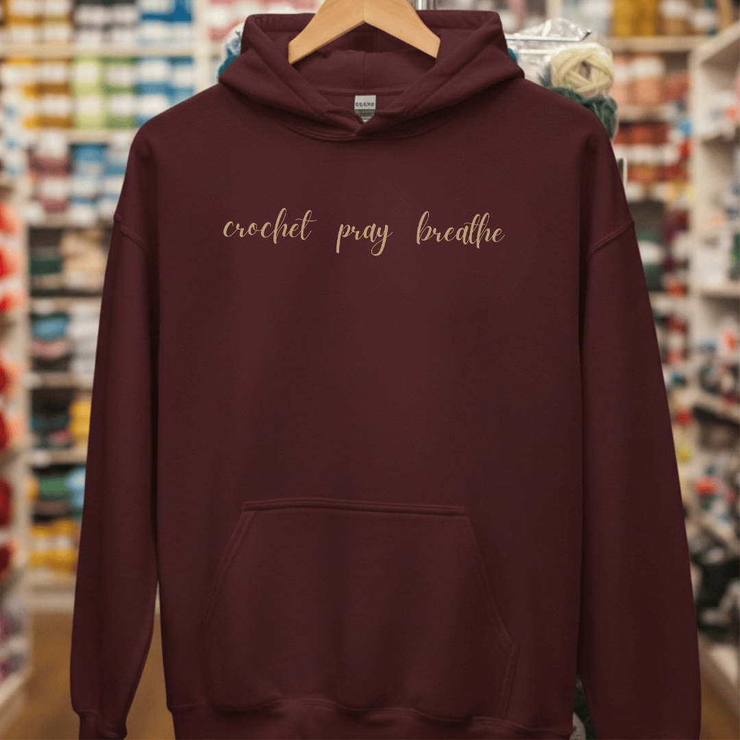 Crochet Breathe Pray Hoodie Maroon / S