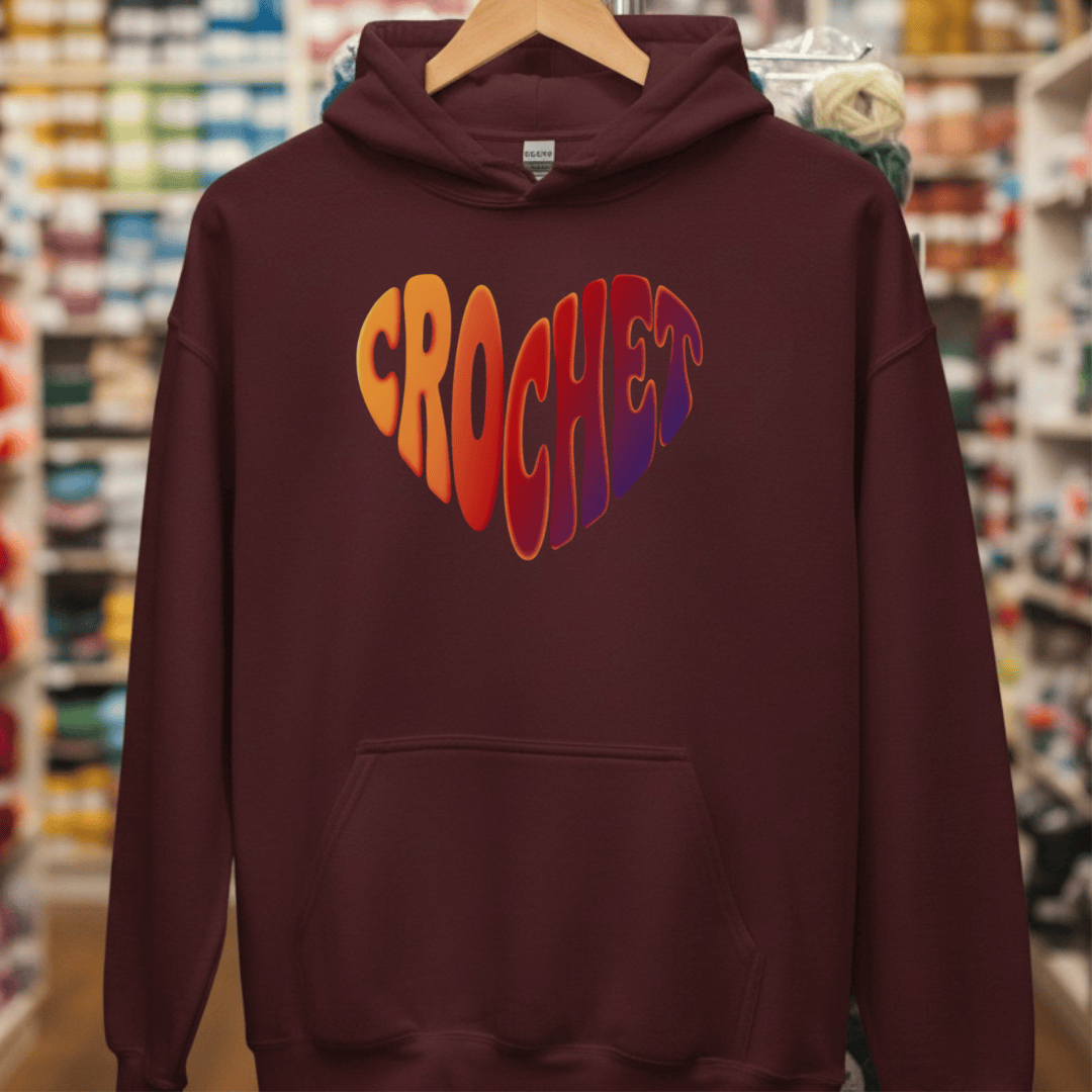 Crochet Heart Sunset Hoodie Maroon / S