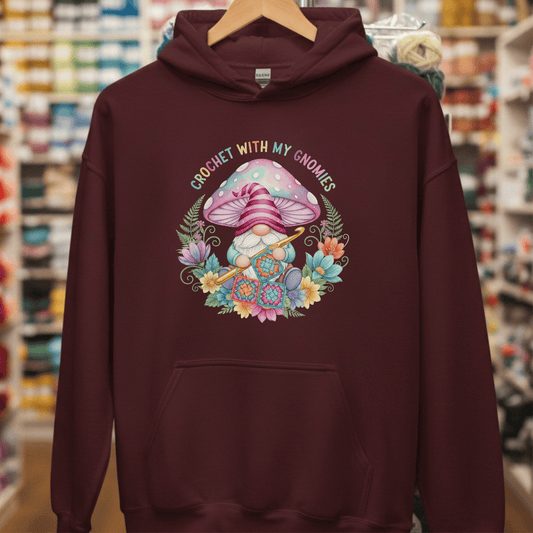 Crochet With My Gnomies Hoodie Maroon / S