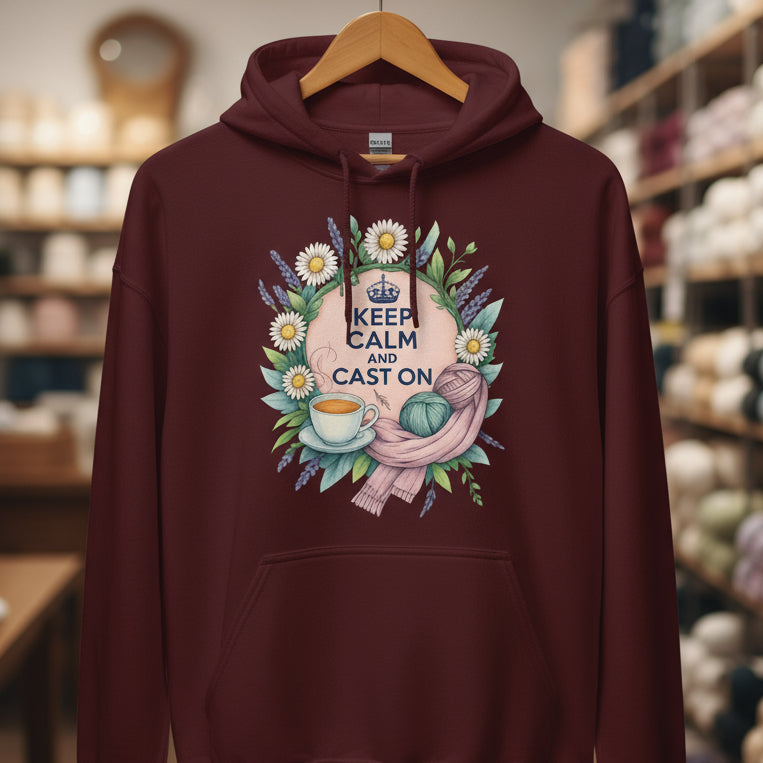 Keep Calm and Cast On Hoodie Maroon / S