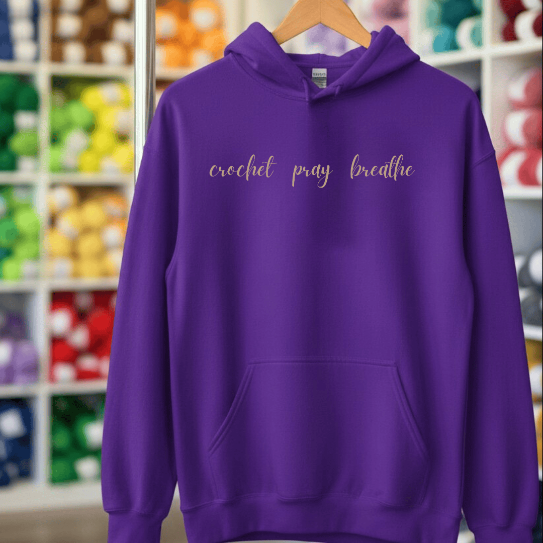 Crochet Breathe Pray Hoodie Purple / S