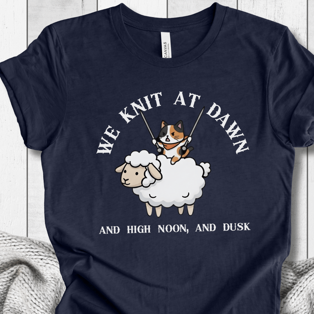 Funny navy t-shirt featuring a cat knitting on a sheep with playful text, perfect for animal lovers.