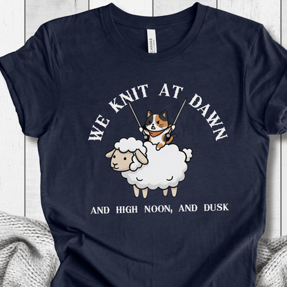 Funny navy t-shirt featuring a cat knitting on a sheep with playful text, perfect for animal lovers.