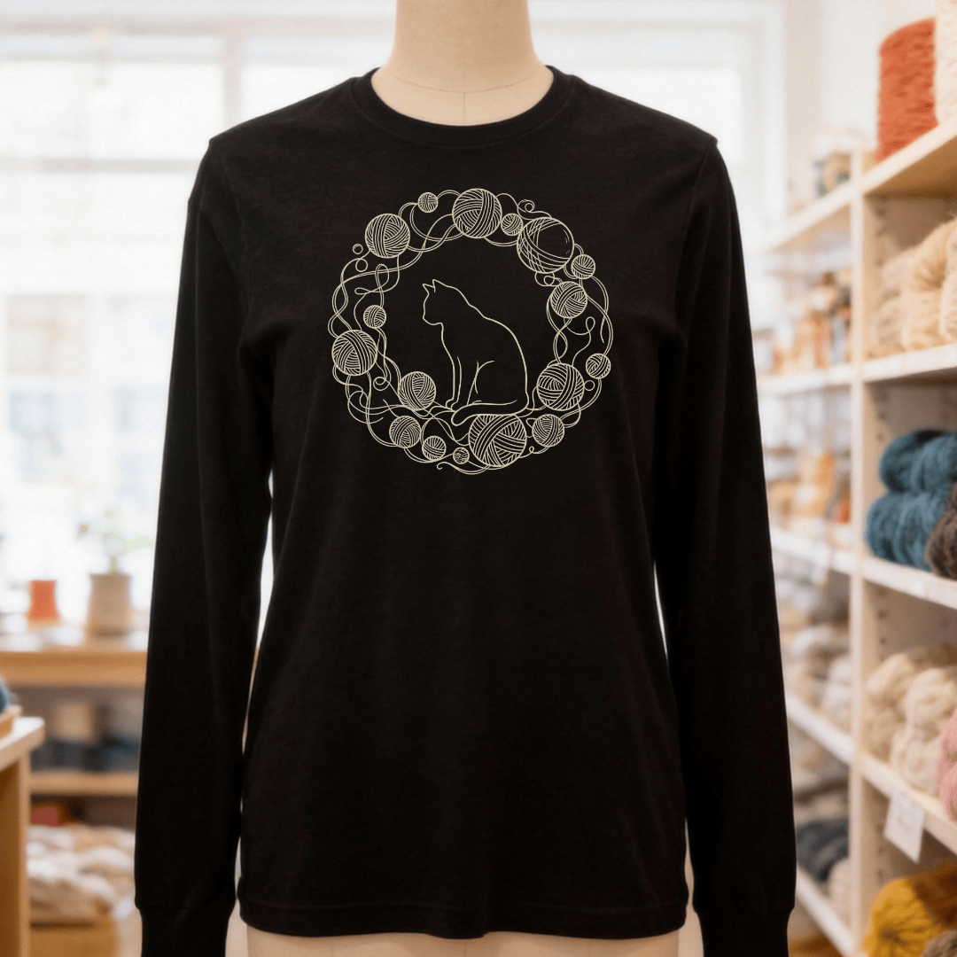 Cat Yarn Wreath Long Sleeve Tee Black Heather / S
