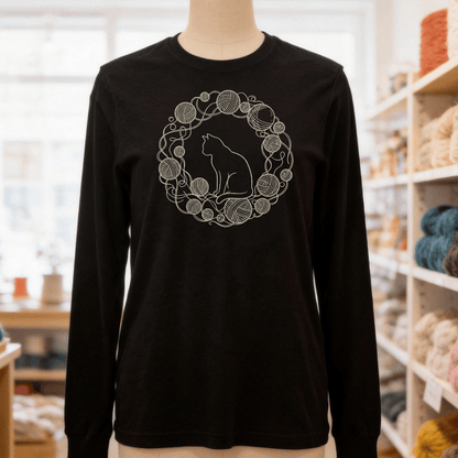 Cat Yarn Wreath Long Sleeve Tee Black Heather / S