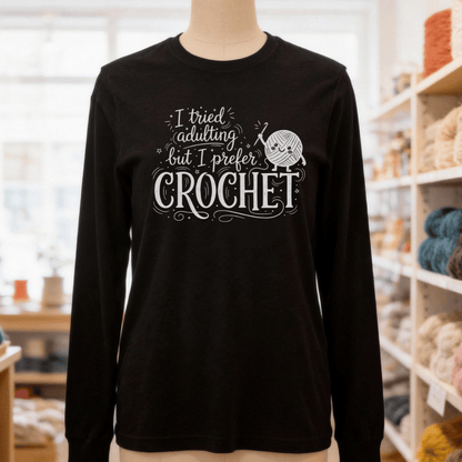 I Prefer Crochet Long Sleeve Tee Black Heather / S