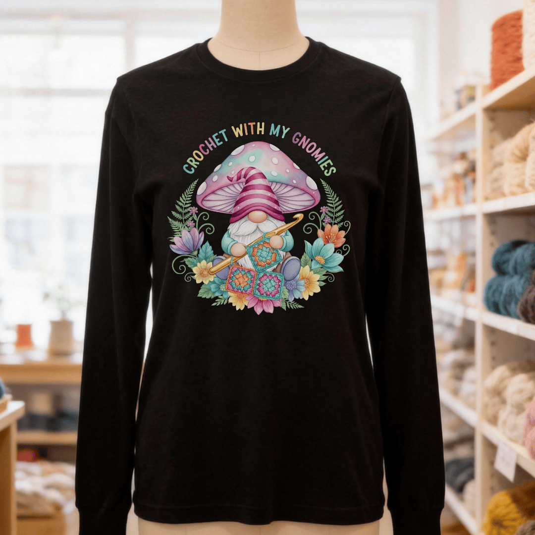 Crochet With My Gnomies Long Sleeve Tee Black / S