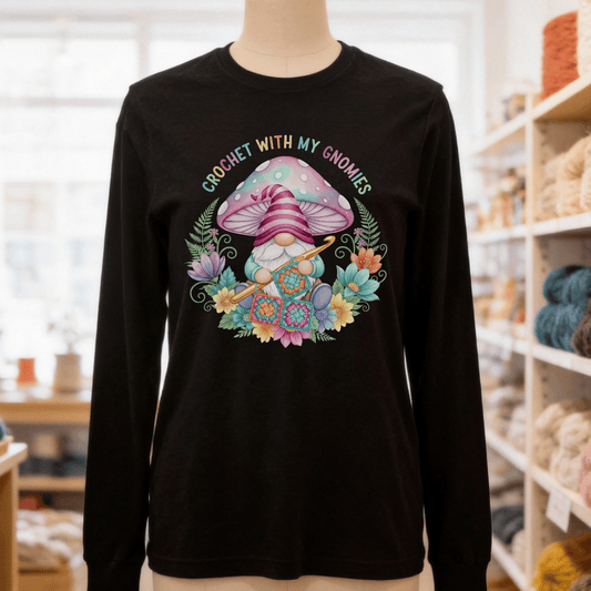 Crochet With My Gnomies Long Sleeve Tee Black / S
