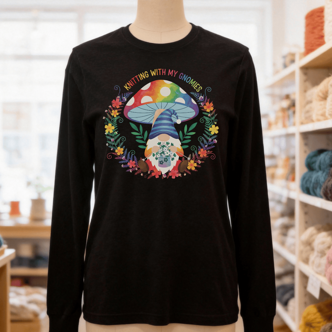 Knitting With My Gnomies Long Sleeve Tee Black / S