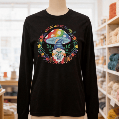 Knitting With My Gnomies Long Sleeve Tee Black / S