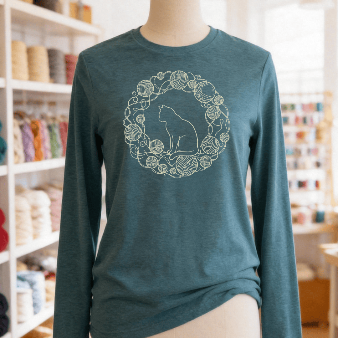 Cat Yarn Wreath Long Sleeve Tee Heather Deep Teal / S