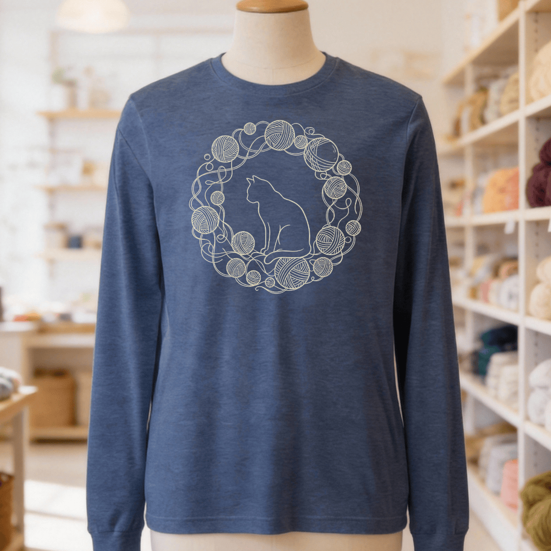 Cat Yarn Wreath Long Sleeve Tee Heather Navy / S