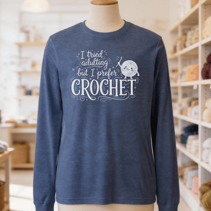 I Prefer Crochet Long Sleeve Tee Heather Navy / S