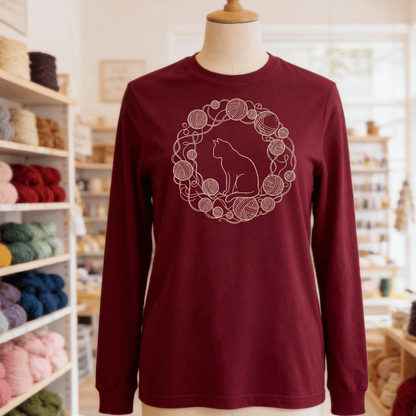 Cat Yarn Wreath Long Sleeve Tee Maroon / S