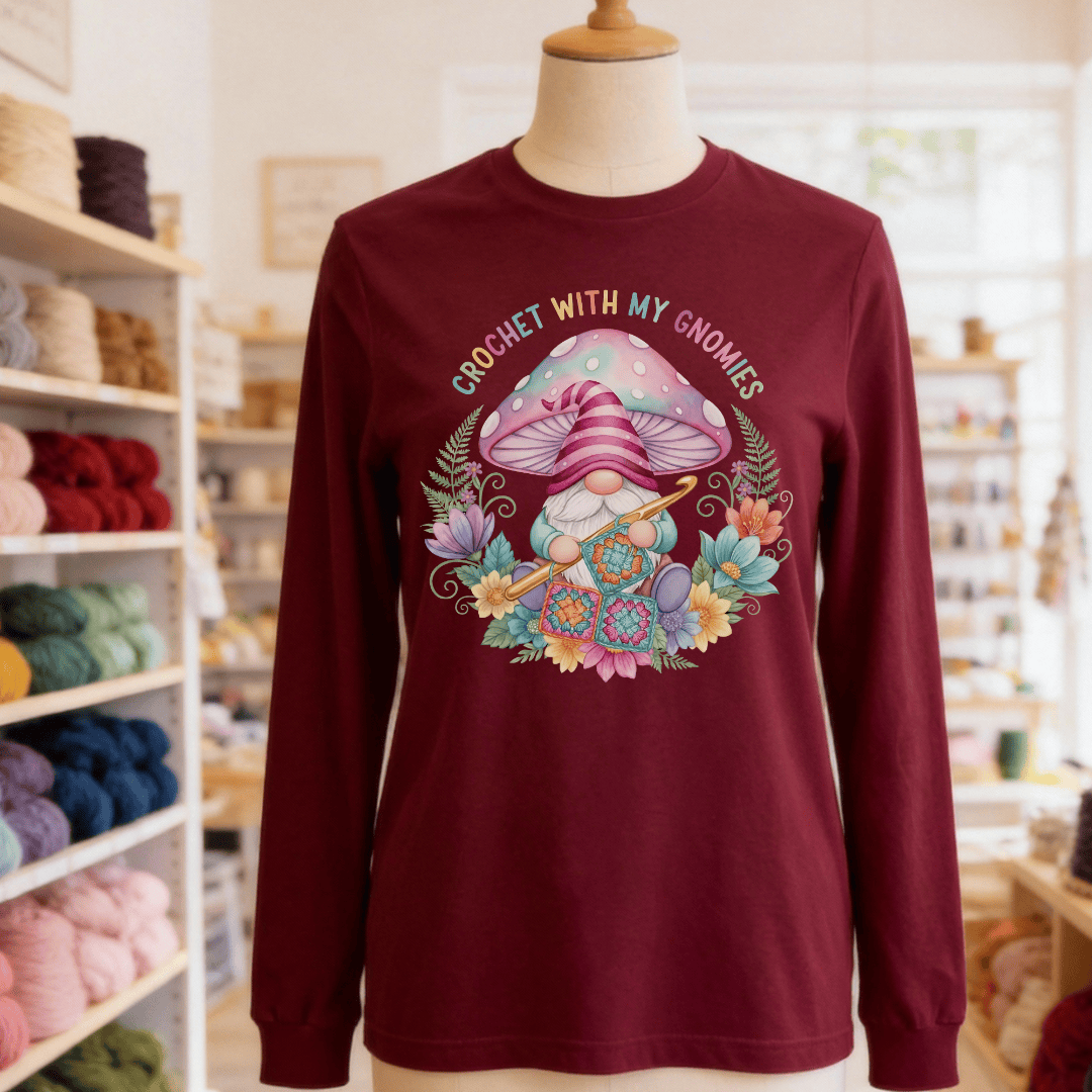 Crochet With My Gnomies Long Sleeve Tee Maroon / S