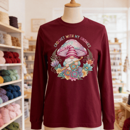 Crochet With My Gnomies Long Sleeve Tee Maroon / S