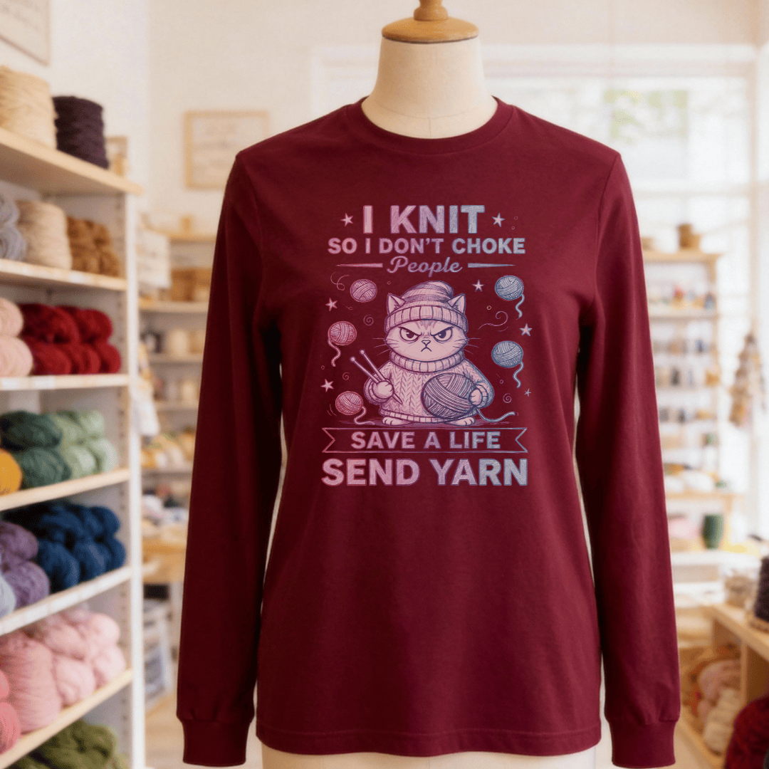 I Knit So I Don't Choke People Long Sleeve Tee Maroon / S