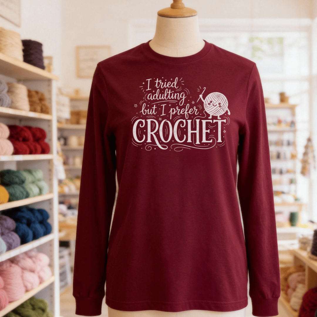 I Prefer Crochet Long Sleeve Tee Maroon / S