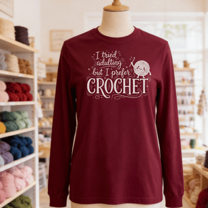 I Prefer Crochet Long Sleeve Tee Maroon / S