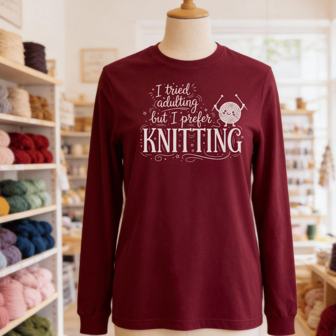 I Prefer Knitting Long Sleeve Tee Maroon / S