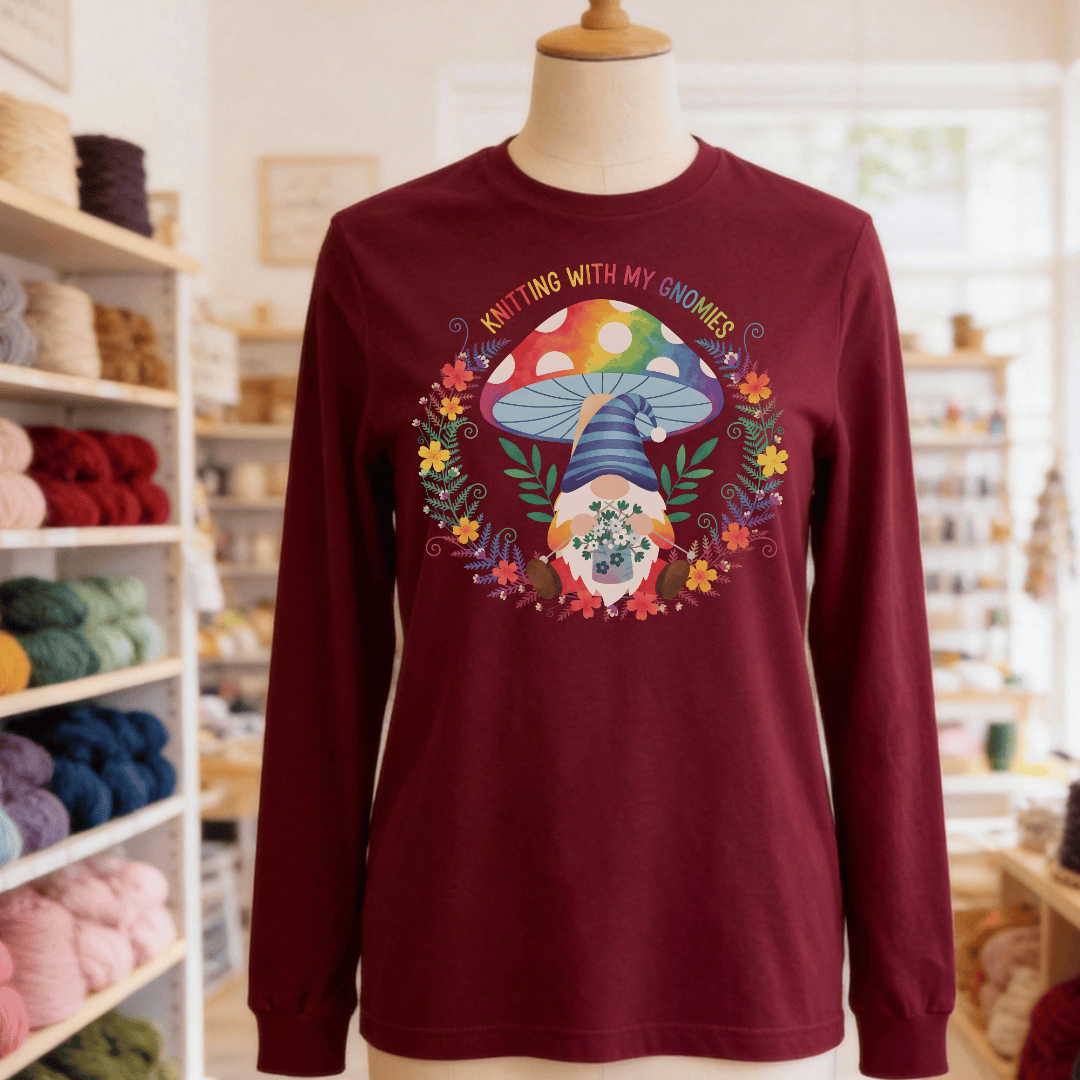 Knitting With My Gnomies Long Sleeve Tee Maroon / S