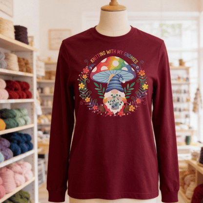 Knitting With My Gnomies Long Sleeve Tee Maroon / S