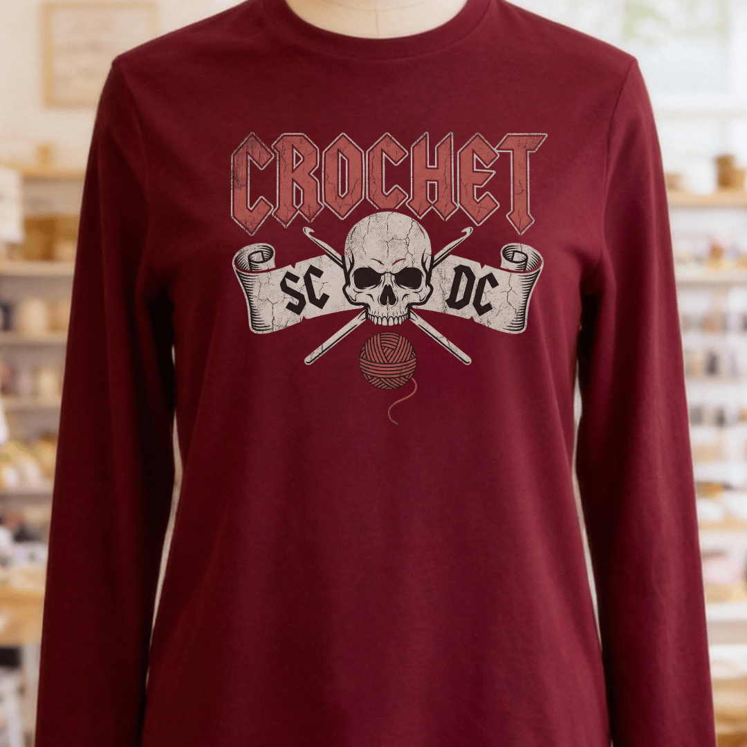 SC / DC Crochet Rock Long Sleeve Tee Maroon / S