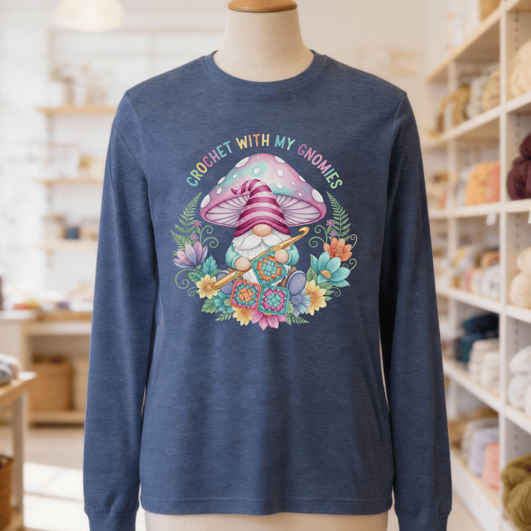 Crochet With My Gnomies Long Sleeve Tee Navy / S