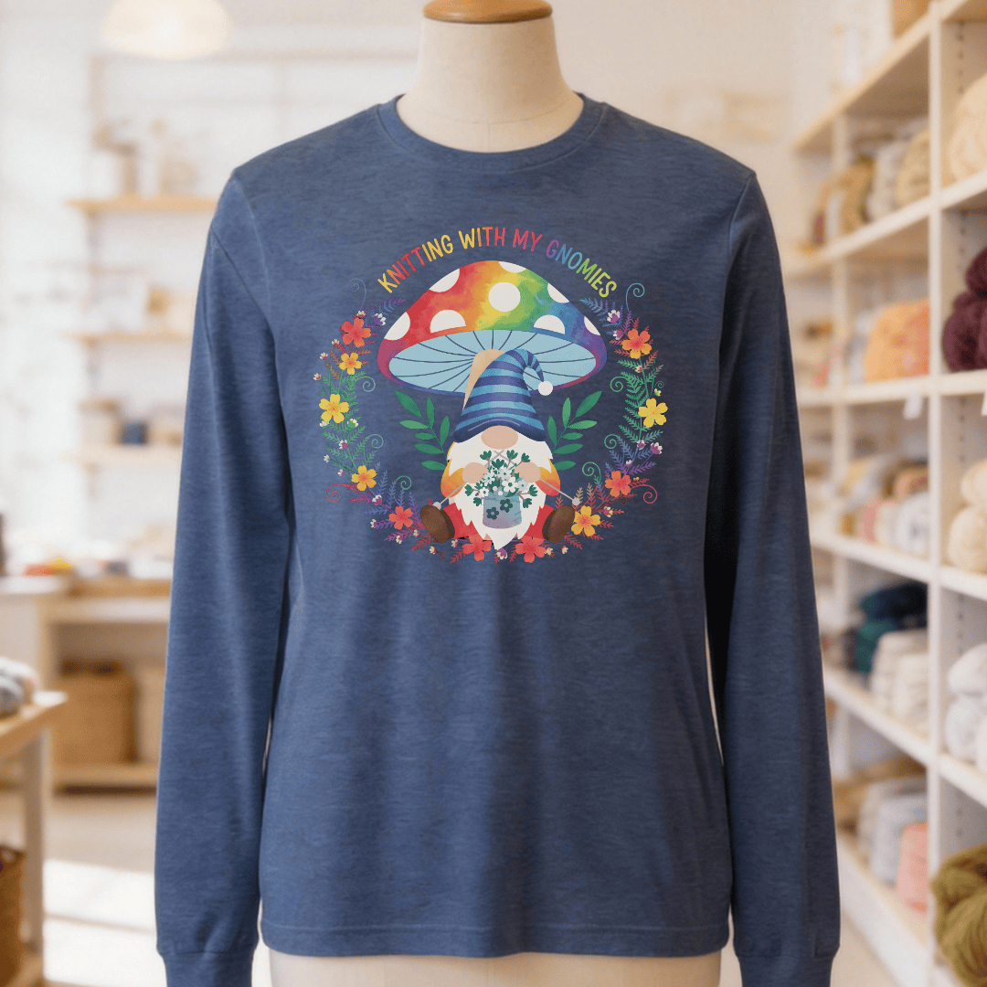 Knitting With My Gnomies Long Sleeve Tee Navy / S
