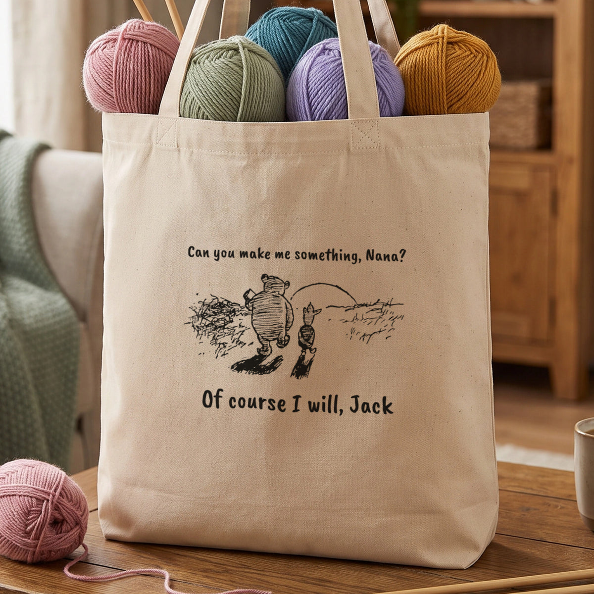 Natural tote bag with the bear and pig line drawing, reading Can you make me something, Nana? Of course I will, Jack