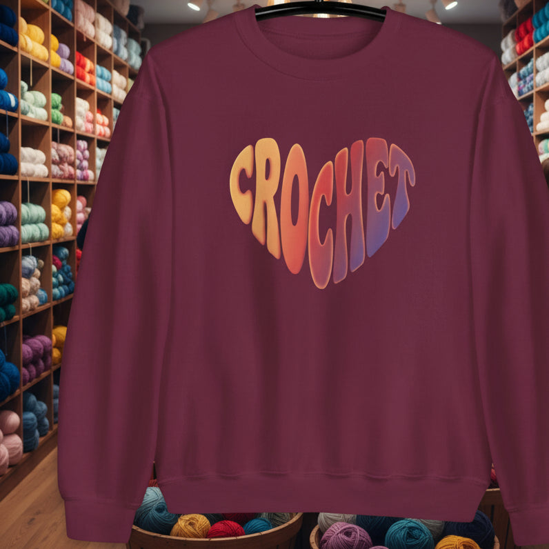 Sunset Crochet Heart Sweatshirt Maroon / S