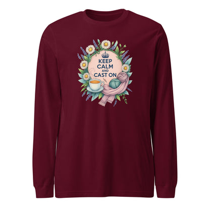 Keep Calm and Cast On Long Sleeve Tee Maroon / XS