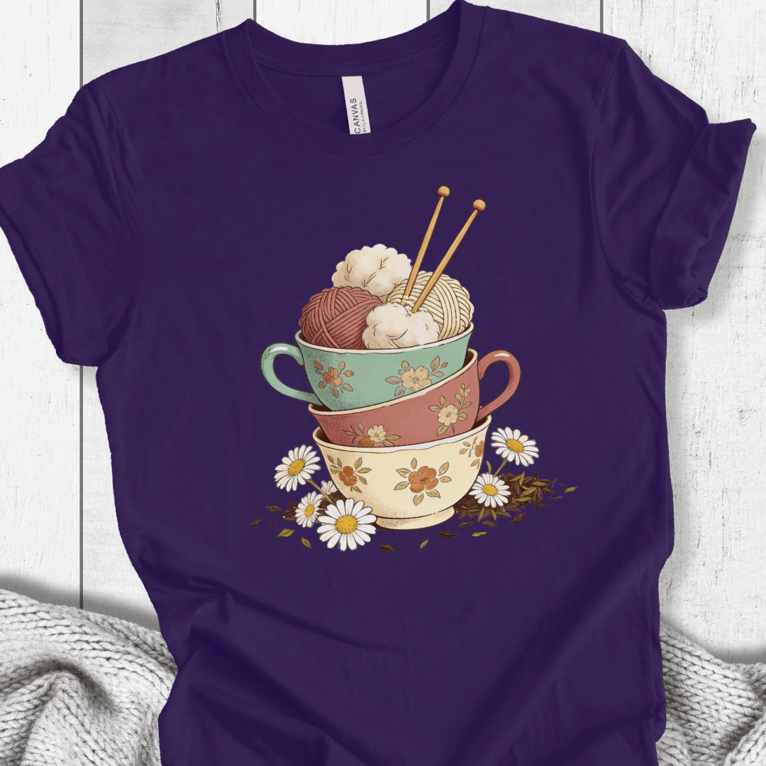 Purple t-shirt featuring vintage ice cream cups and knitting needles graphic design