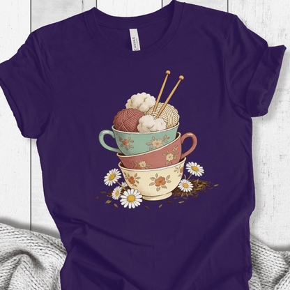Purple t-shirt featuring vintage ice cream cups and knitting needles graphic design