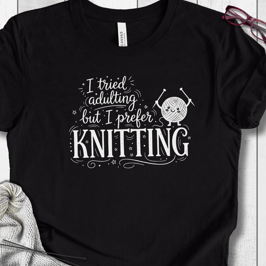 I Prefer Knitting T-Shirt Black Heather / XS