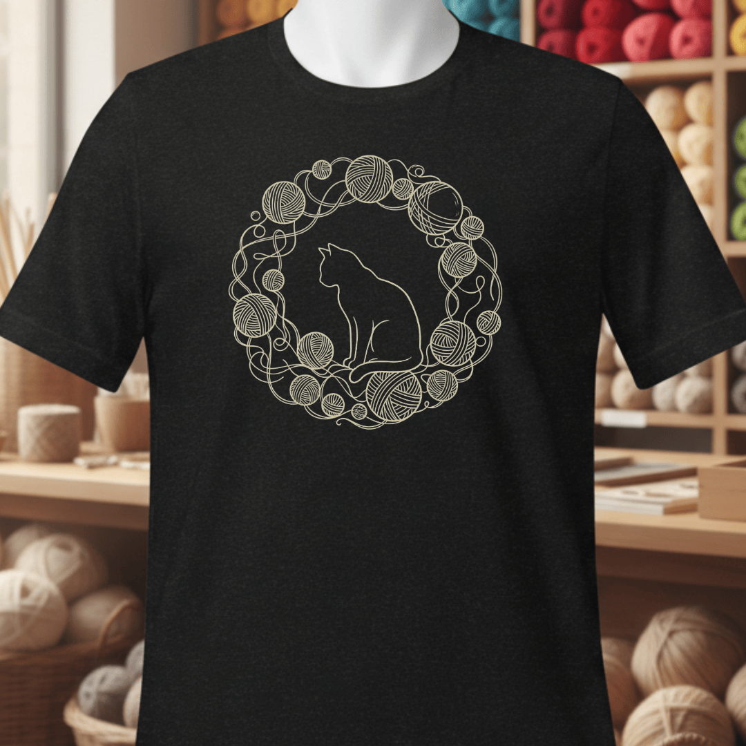Cat Yarn Wreath T-Shirt Black / S