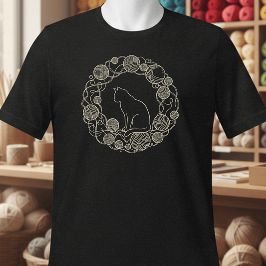 Cat Yarn Wreath T-Shirt Black / S