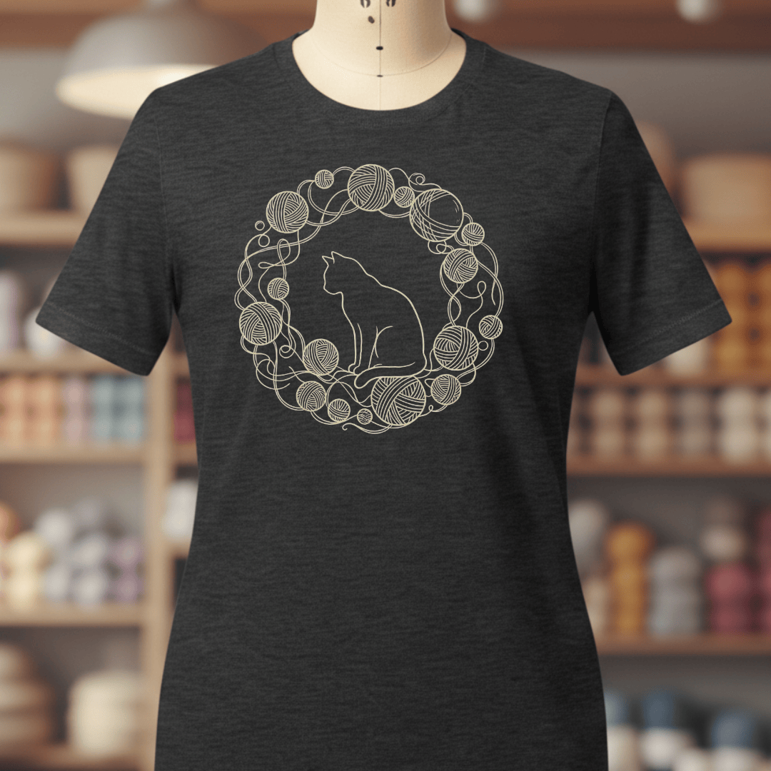 Cat Yarn Wreath T-Shirt Dark Grey / S