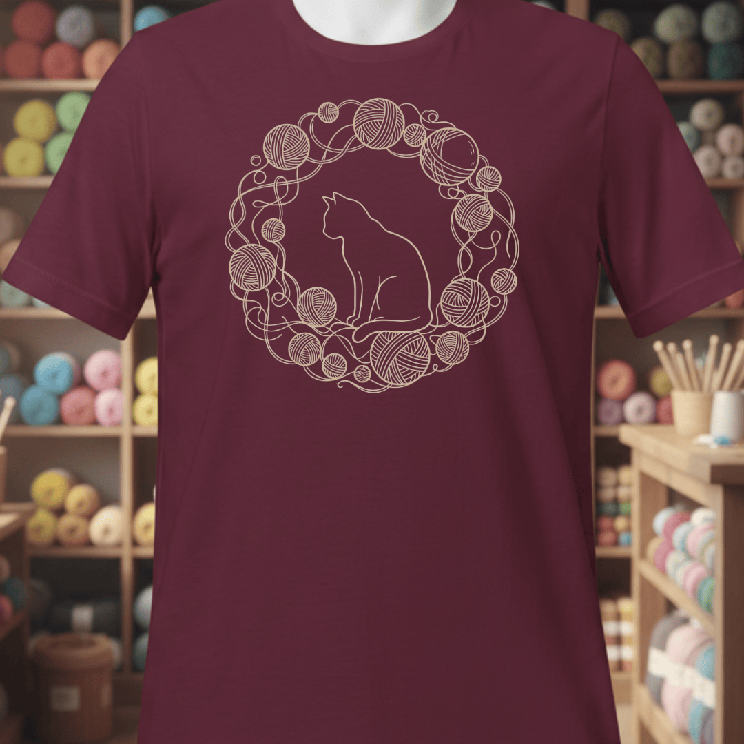 Cat Yarn Wreath T-Shirt Maroon / S