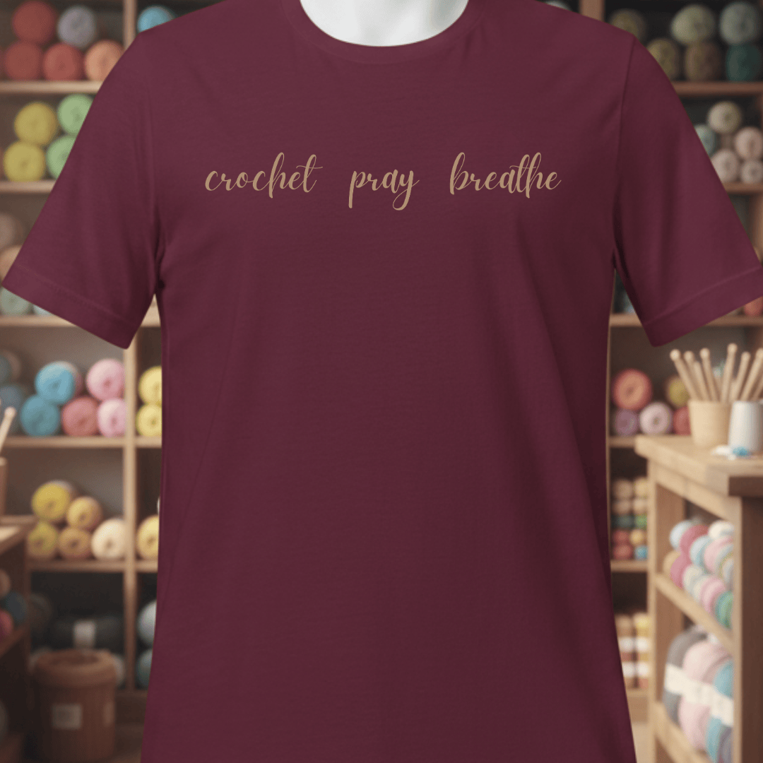 Crochet Pray Breathe T-Shirt Maroon / XS