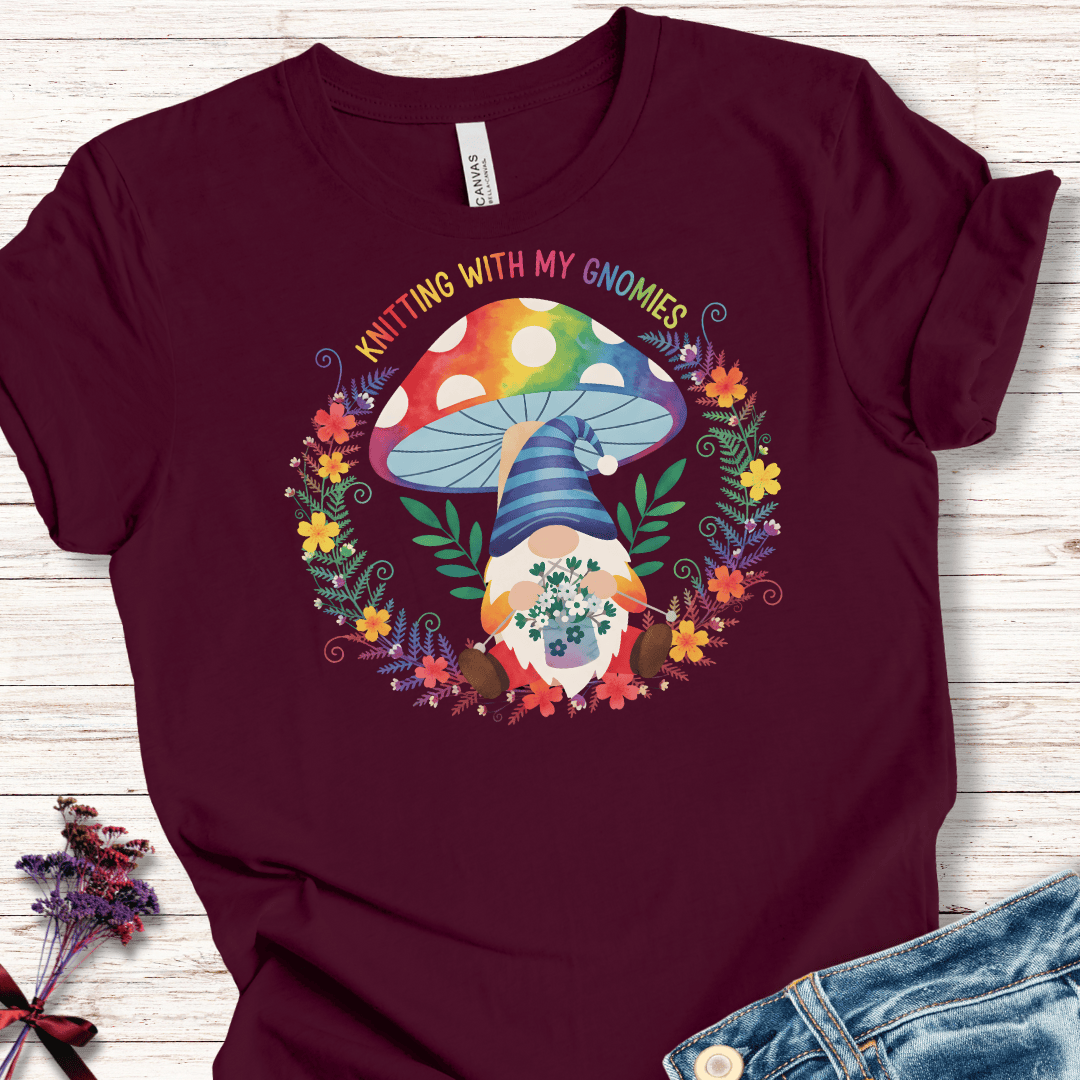 Knitting With My Gnomies T-Shirt Maroon / XS