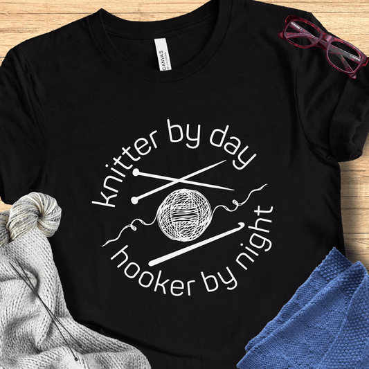 Knitter by Day, Hooker By Night T-Shirt (design 1) Black / S