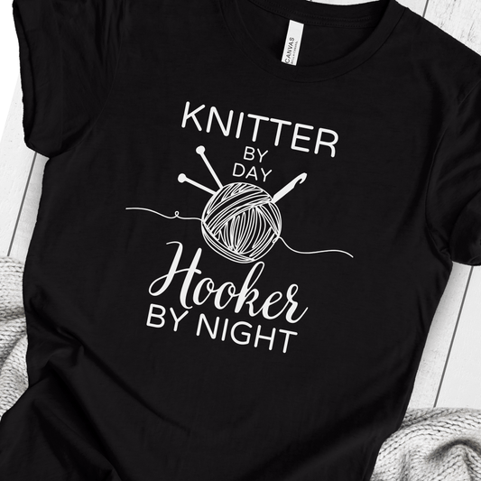 Knitter by Day, Hooker By Night T-Shirt (design 2) Black / S