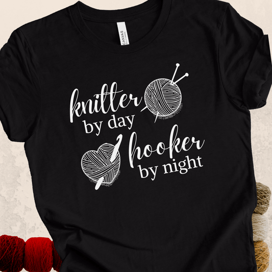 Knitter by Day, Hooker By Night T-Shirt (design 3) Black / S