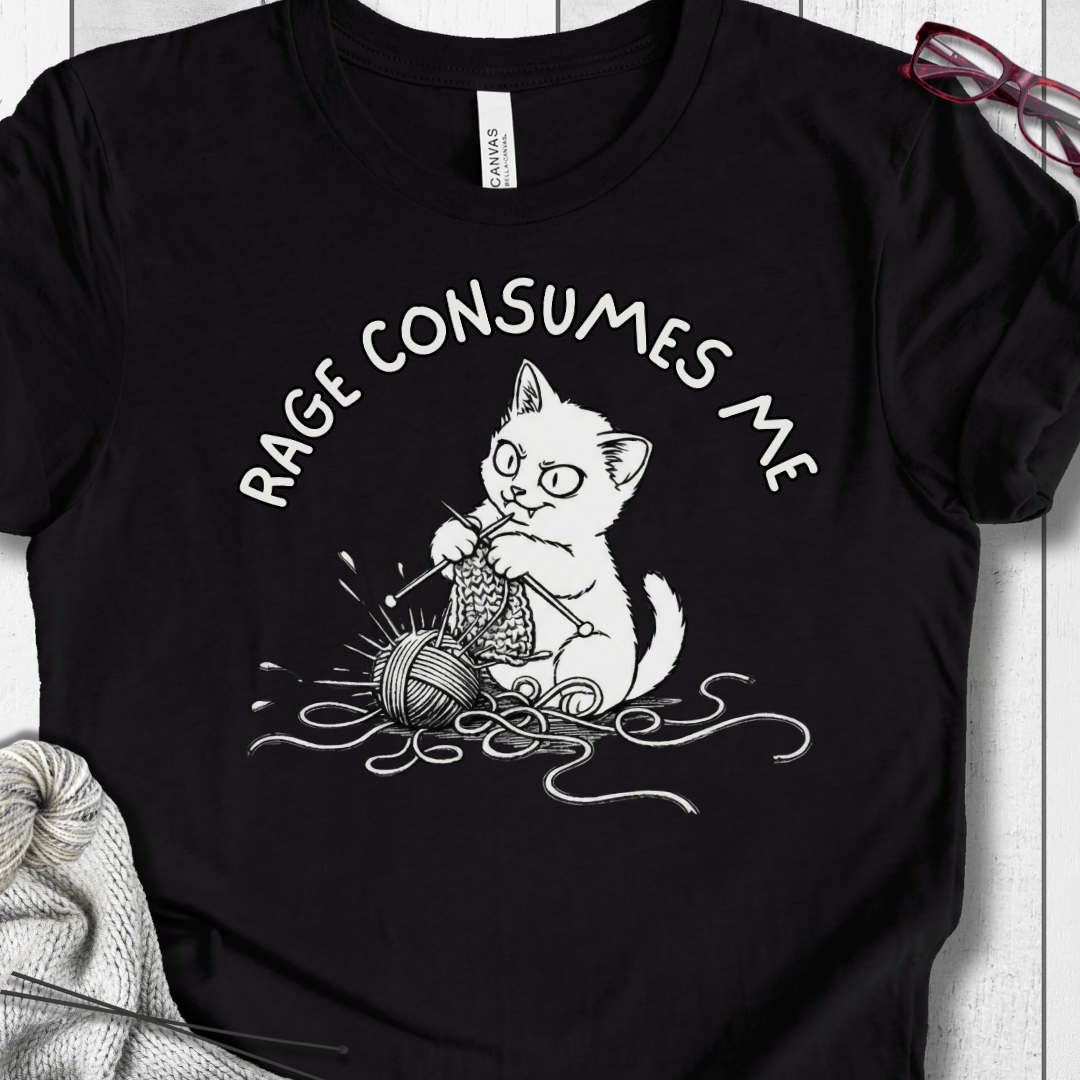 Black t-shirt with funny cat graphic saying 'RAGE CONSUMES ME', perfect for cat lovers and humor enthusiasts.